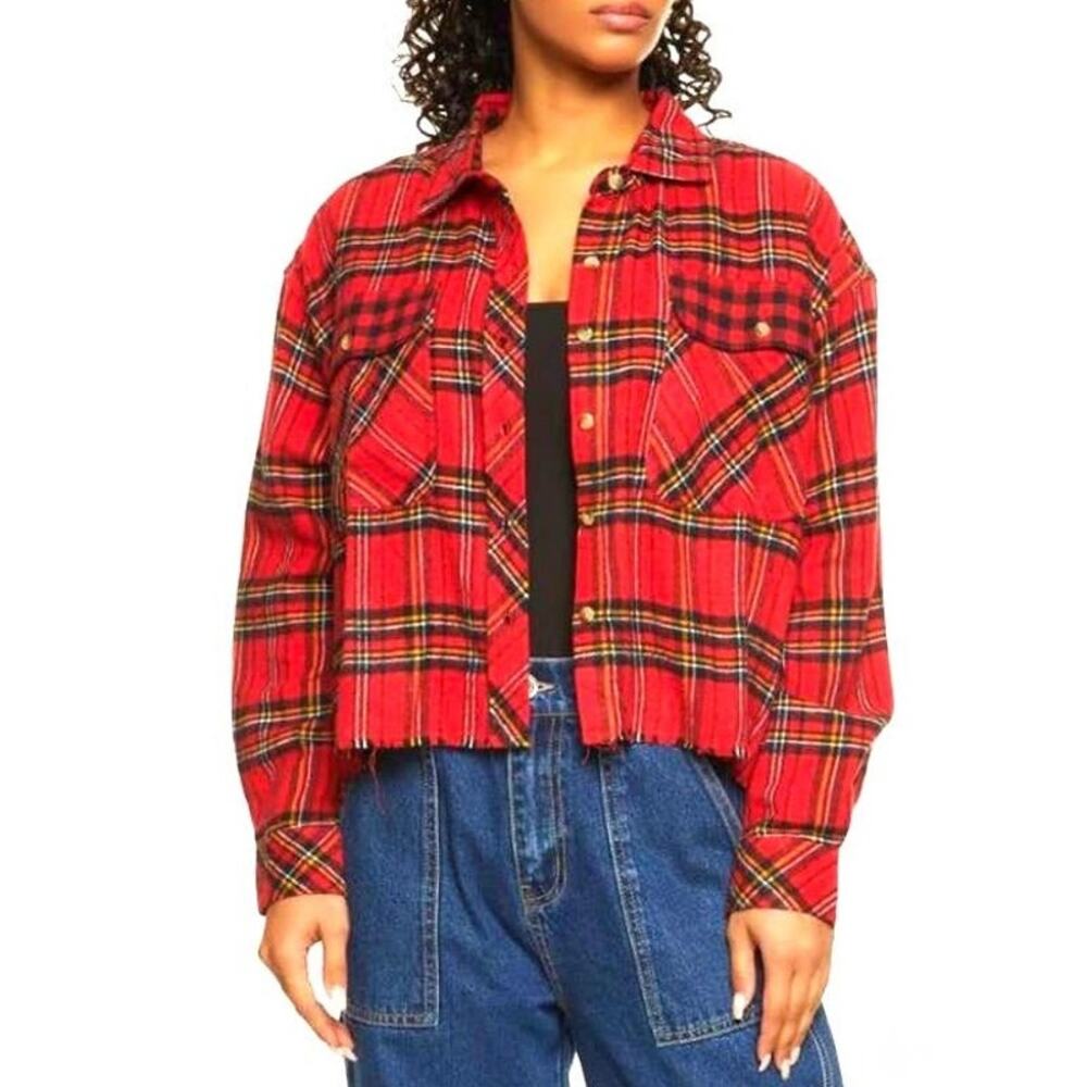 EUC Jolie & Joy Red Plaid Tartan Flannel Cropped Button Shirt Jacket Sz Medium